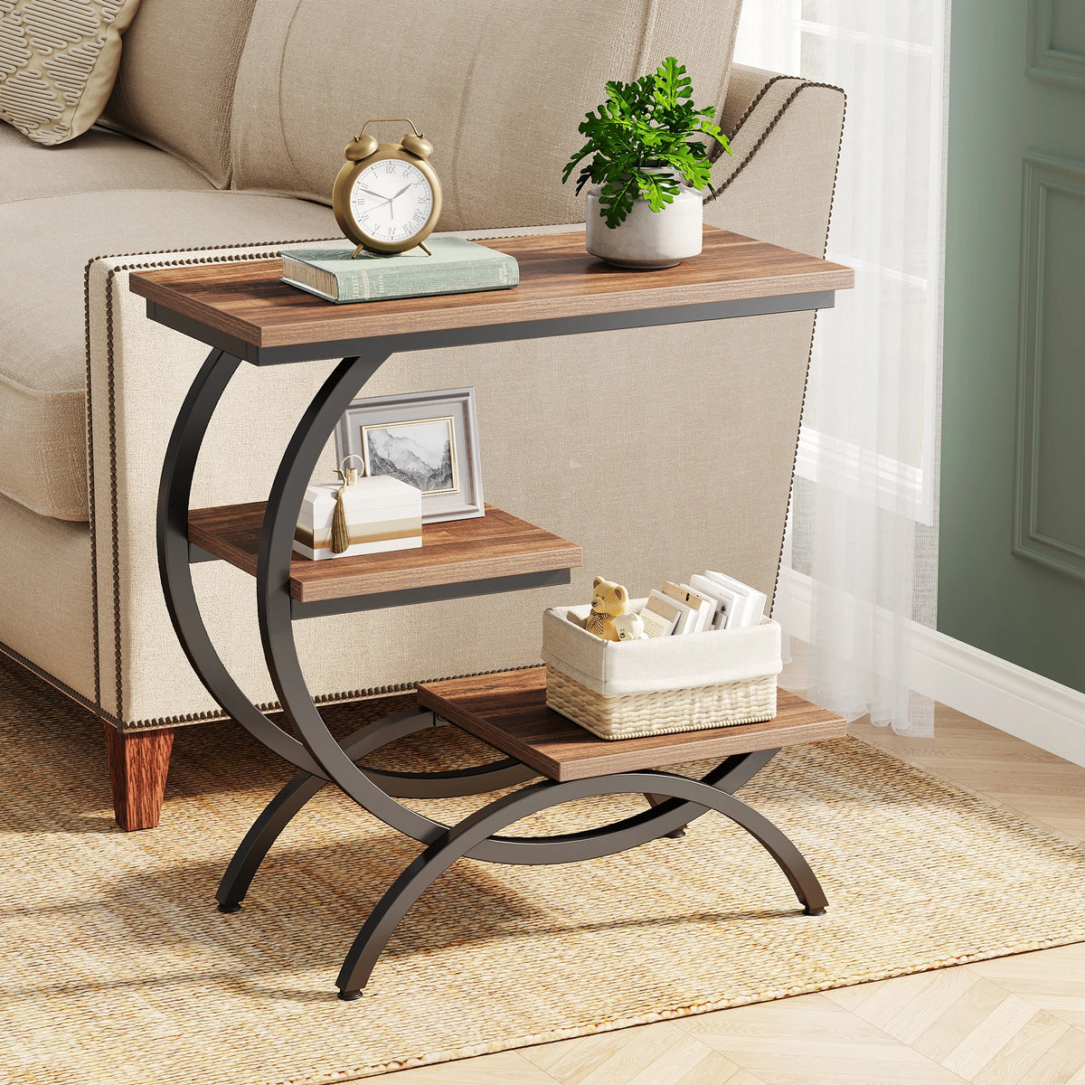 End Table - C Shaped 3 Tier Side Table (Chocolate)