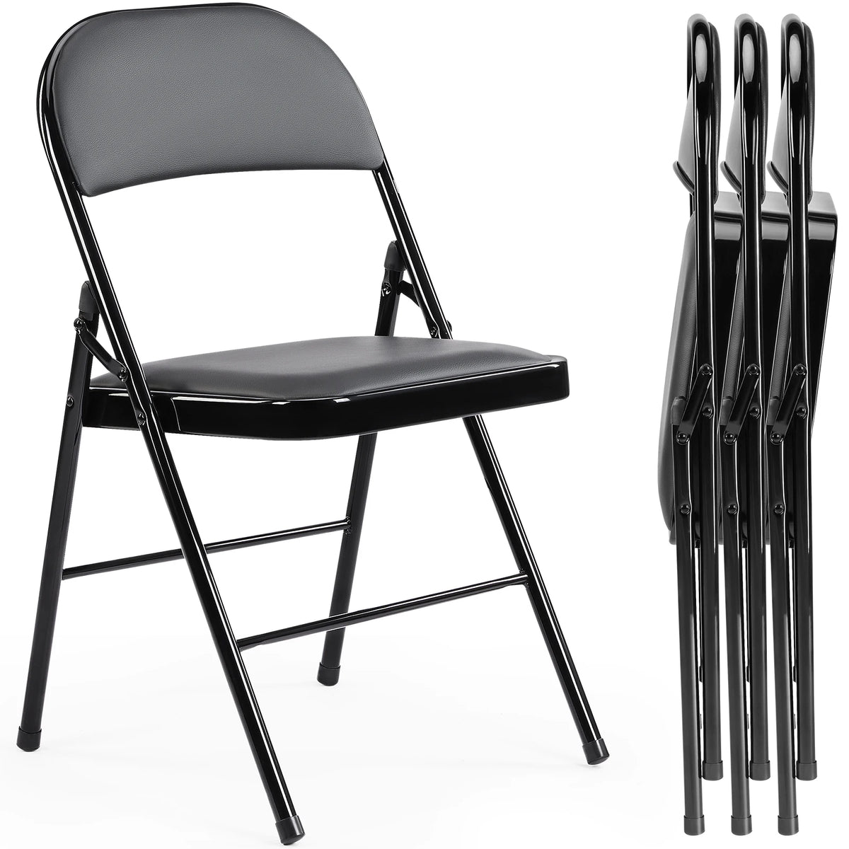 Padded Folding Chair - Faux Leather Folding Dining Chairs, 4 Pack (Black)