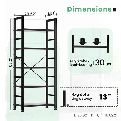 Labelled size diagram for the 5-tier wood bookshelf: 23.62in wide, 11.81in deep, 62.2in tall