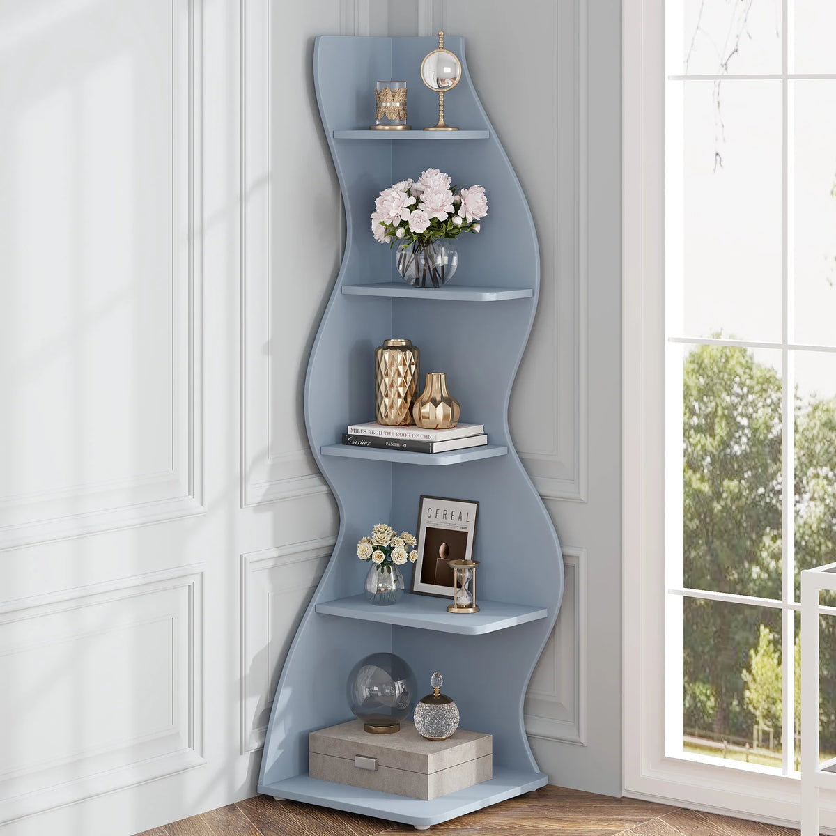 Corner Shelf - Tall 5-Tier Kids Corner Bookshelf (Blue)
