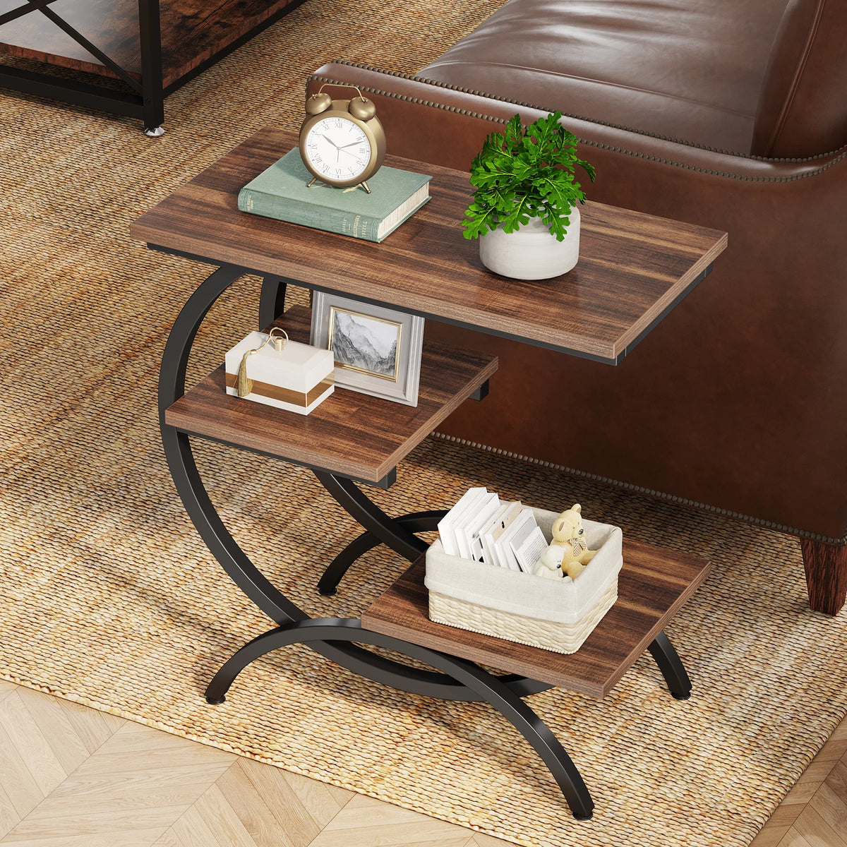 End Table - C Shaped 3 Tier Side Table (Chocolate)