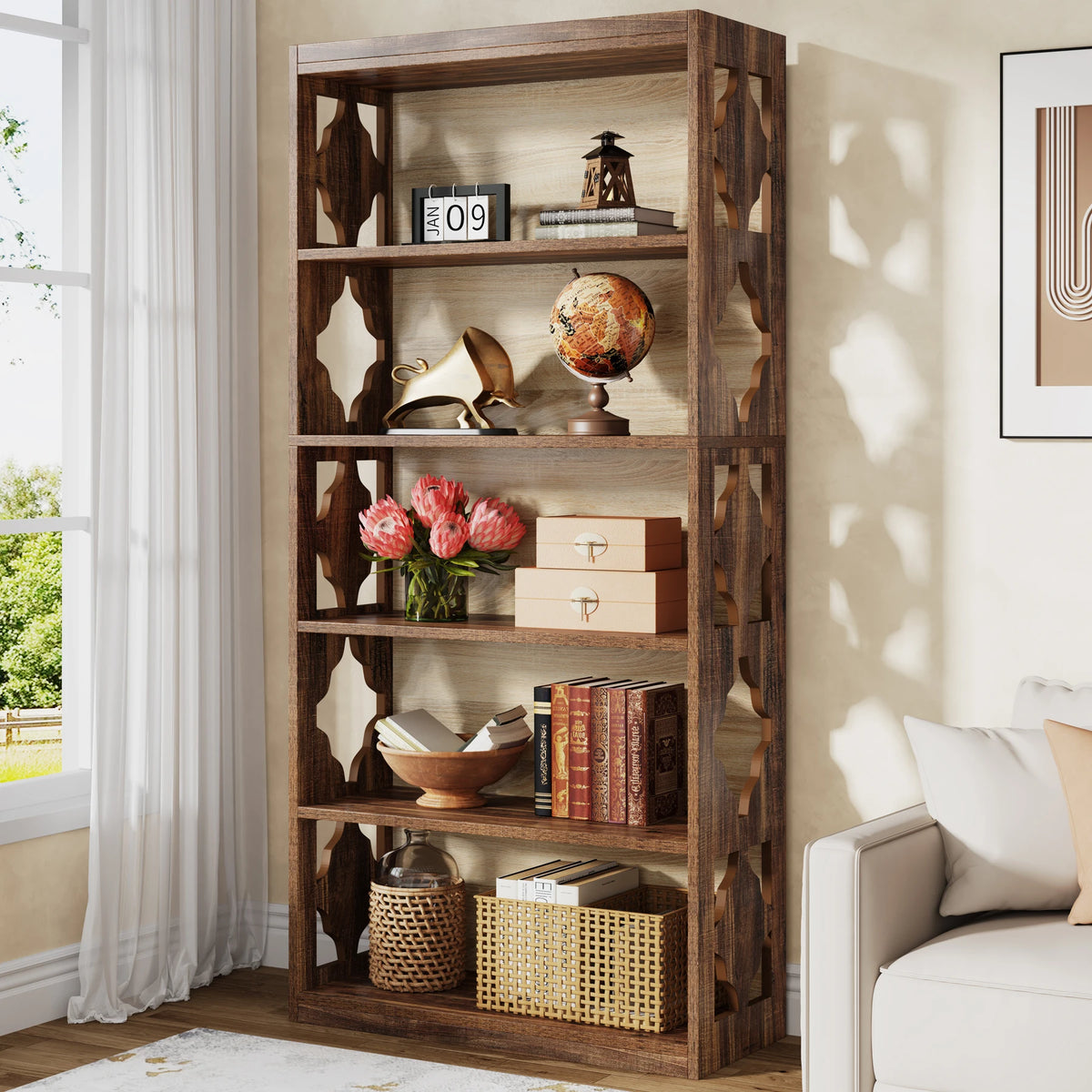 Industrial Bookshelf - 70.87in Tall Metal X-Frame Bookcase (Brown 03)
