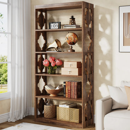 Industrial Bookshelf - 70.87in Tall Metal X-Frame Bookcase (Brown 03)