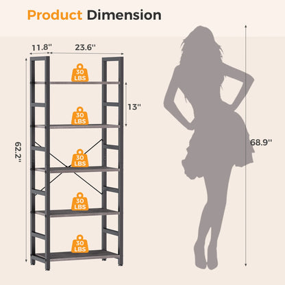 Labelled size diagram for the 5-tier wood bookshelf: 23.6in wide, 11.8in deep, 62.2in tall