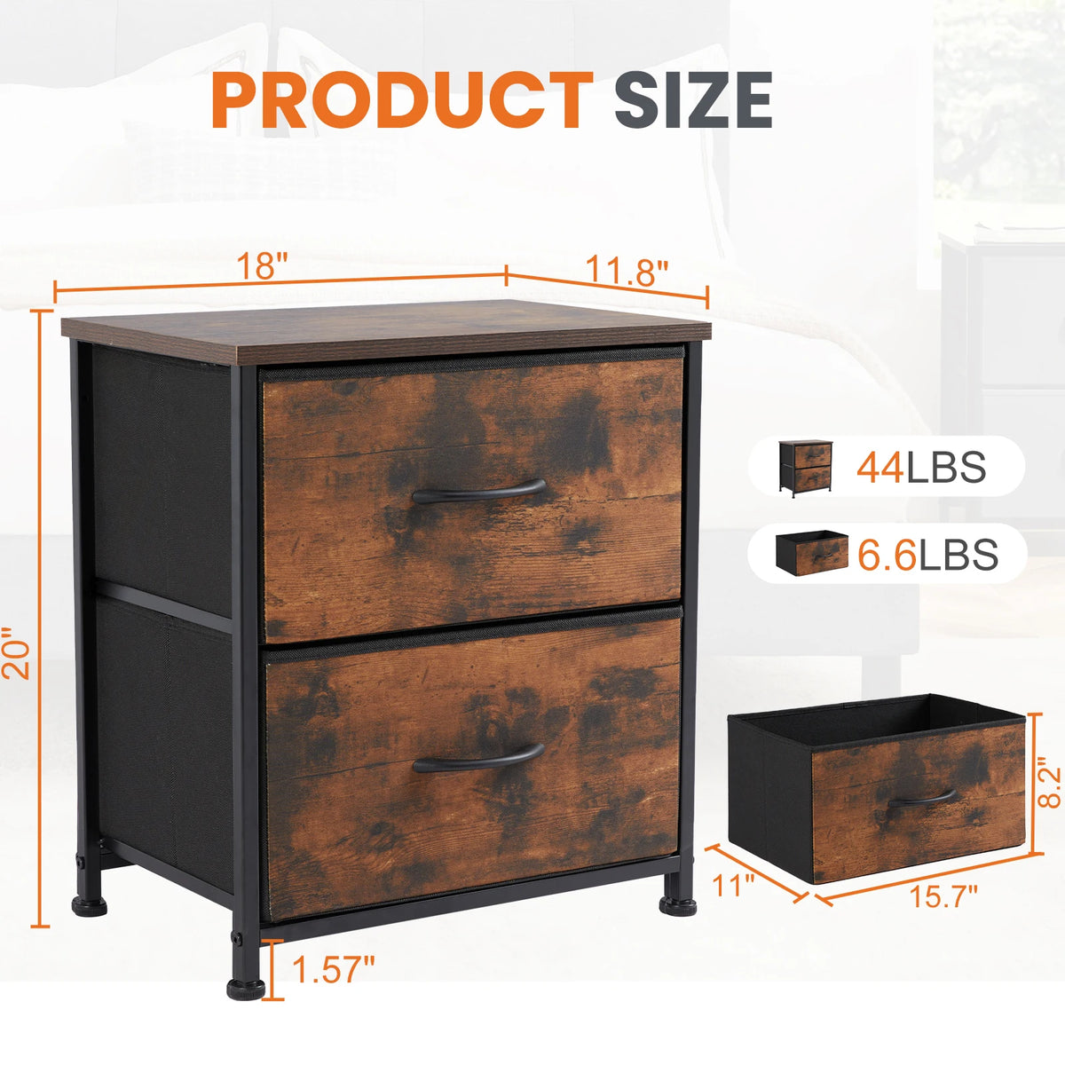 Narrow Nightstand - 2 Drawer Bedside Table with Fabric Drawers (Brown)