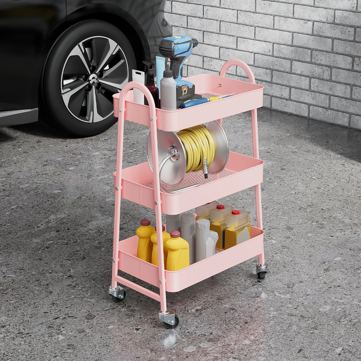 3 Tier Rolling Cart - Pink Kitchen Storage Cart on Wheels
