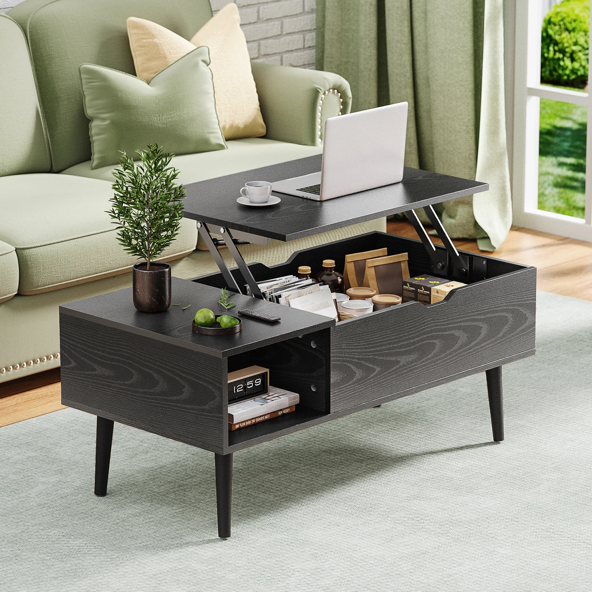 Low Profile Lift Top Coffee Table - Wood Top (Black)