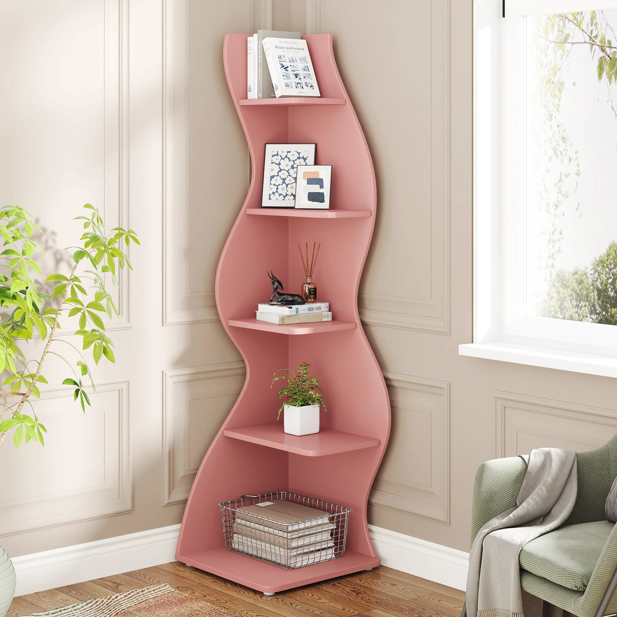 Corner Shelf - 5-Tier Nursery Corner Bookshelf (Pink)