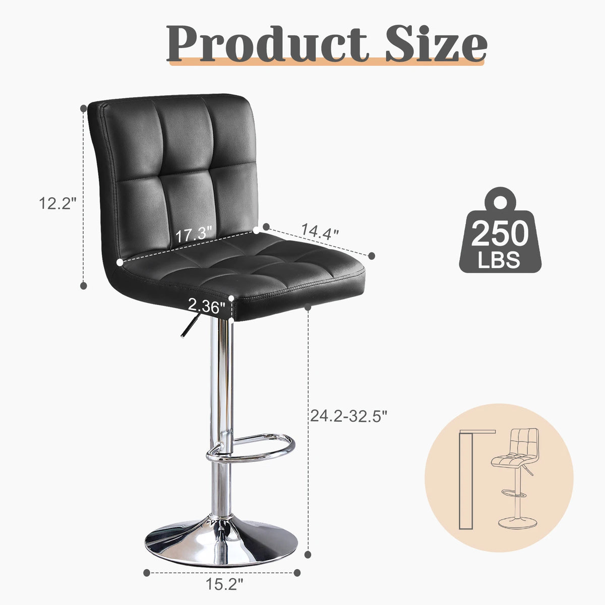 Counter Height Bar Stools Set of 2 - Padded Swivel (Black)