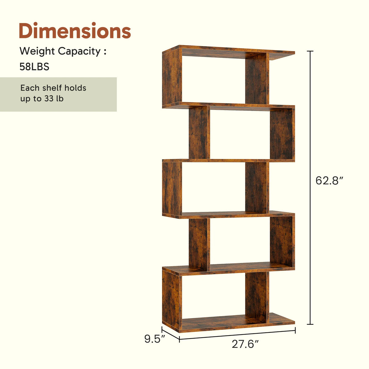 Bookshelf Room Divider - 5 Tier S-Shaped Bookcase
