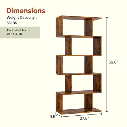 Bookshelf Room Divider - 5 Tier S-Shaped Bookcase