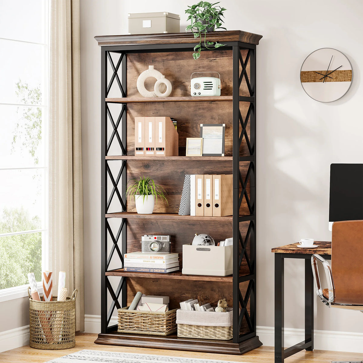 Industrial Bookshelf - 70.87in Tall Metal X-Frame Bookcase (Brown 01)