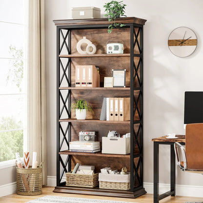 Industrial Bookshelf - 70.87in Tall Metal X-Frame Bookcase (Brown 01)