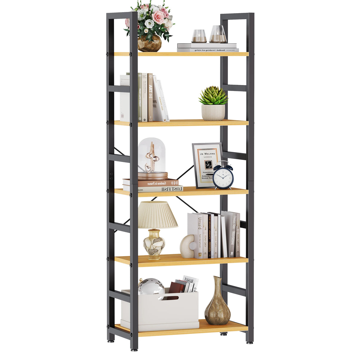 Wooden Bookshelf - 5 Tier Tall Narrow Wood and Metal Bookcase