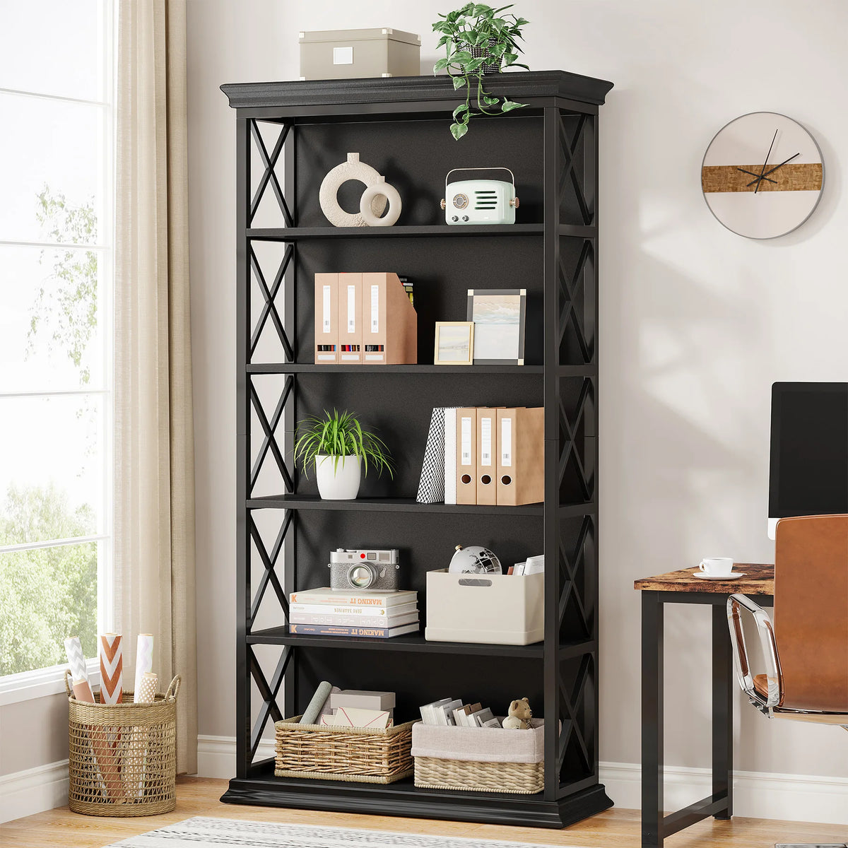 Industrial Bookshelf - 70.87in Tall Metal X-Frame Bookcase (Black 01)