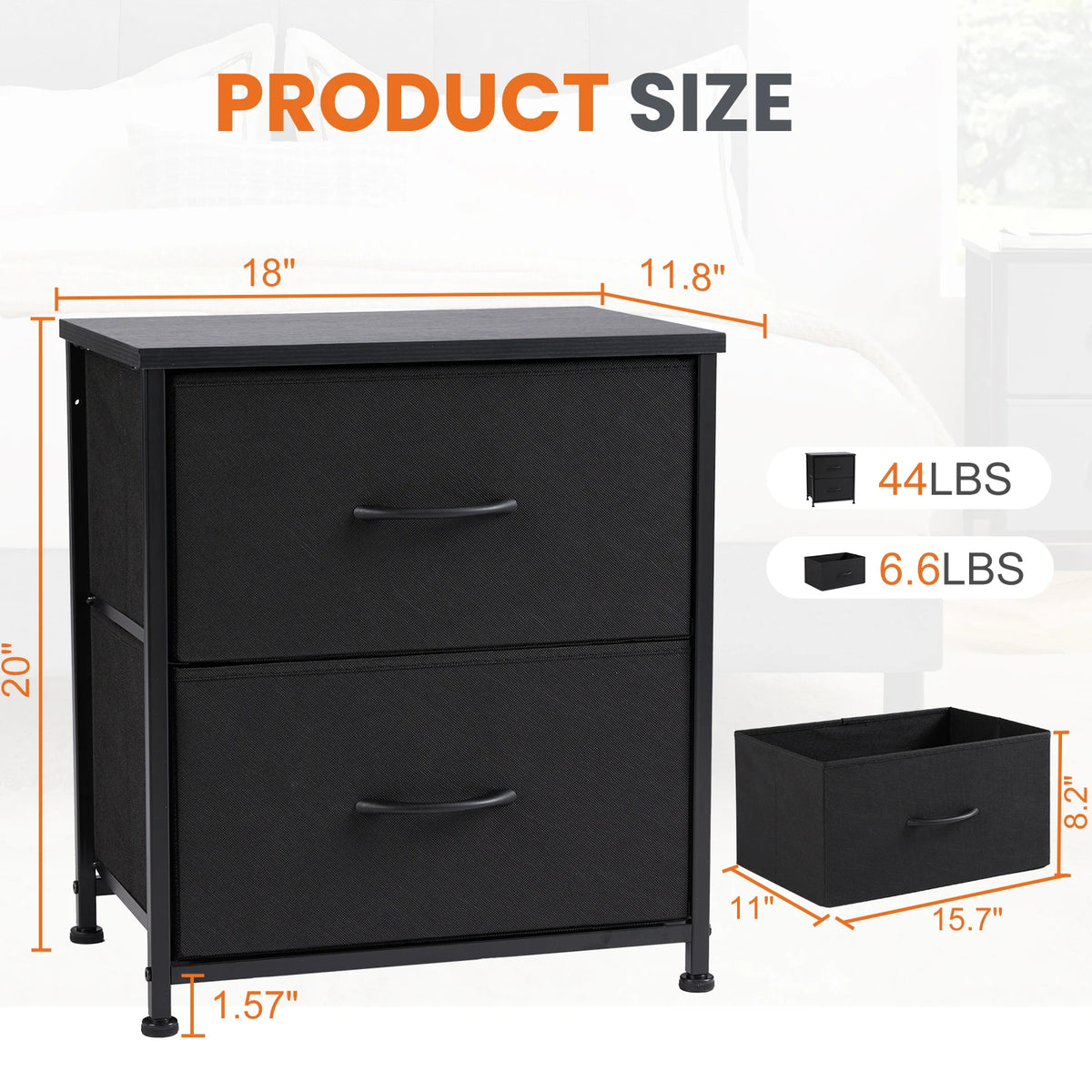 Black Nightstand - Small 2 Drawer Bedside Table with Fabric Drawers