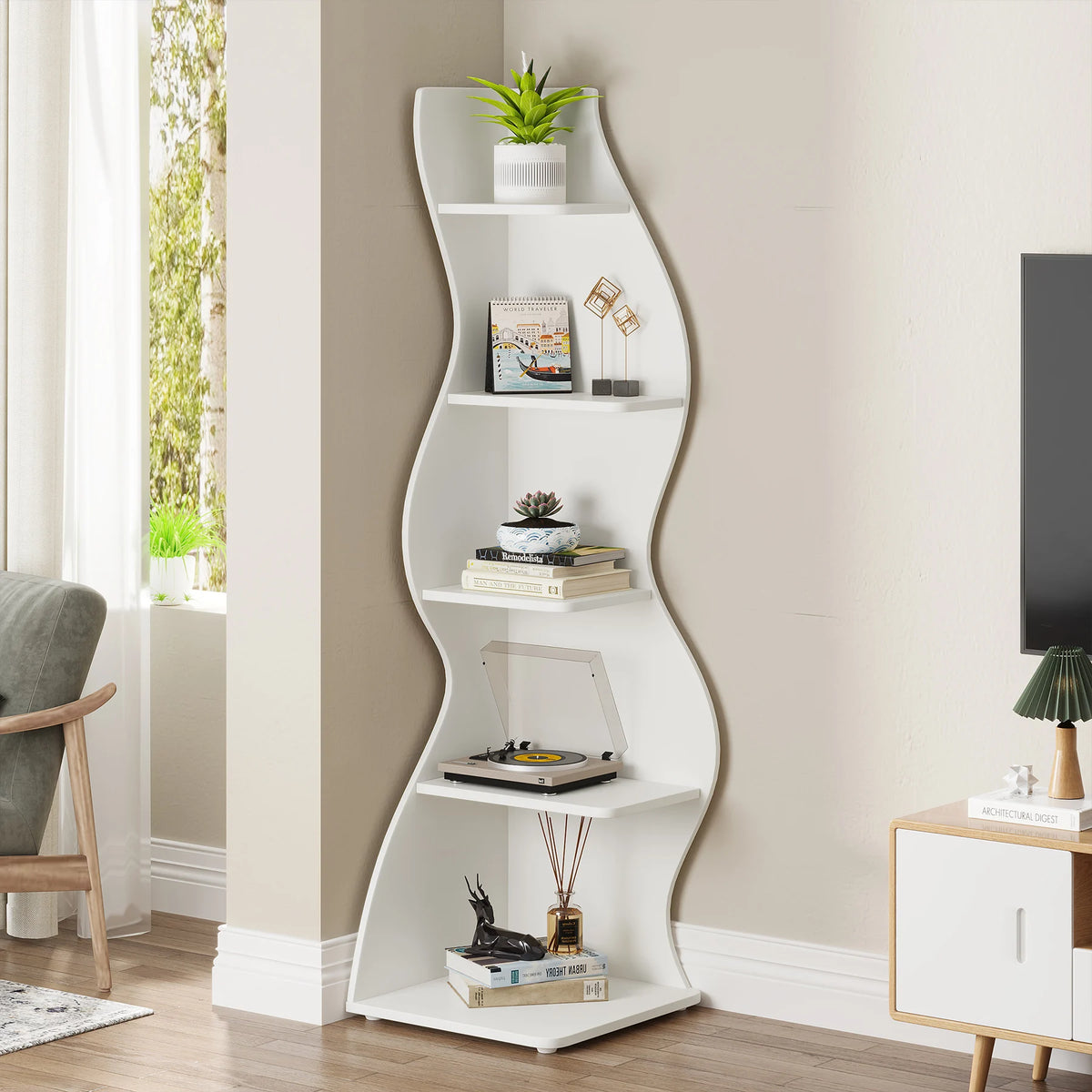 Corner Shelf - Tall 5-Tier White Corner Bookshelf