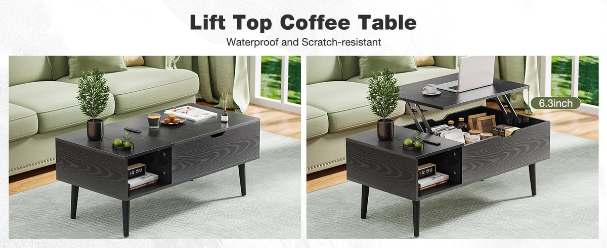 Low Profile Lift Top Coffee Table - Wood Top (Black)