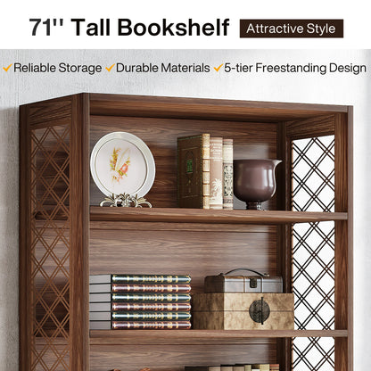 Industrial Bookshelf - 70.87in Tall Metal X-Frame Bookcase (Brown 02)