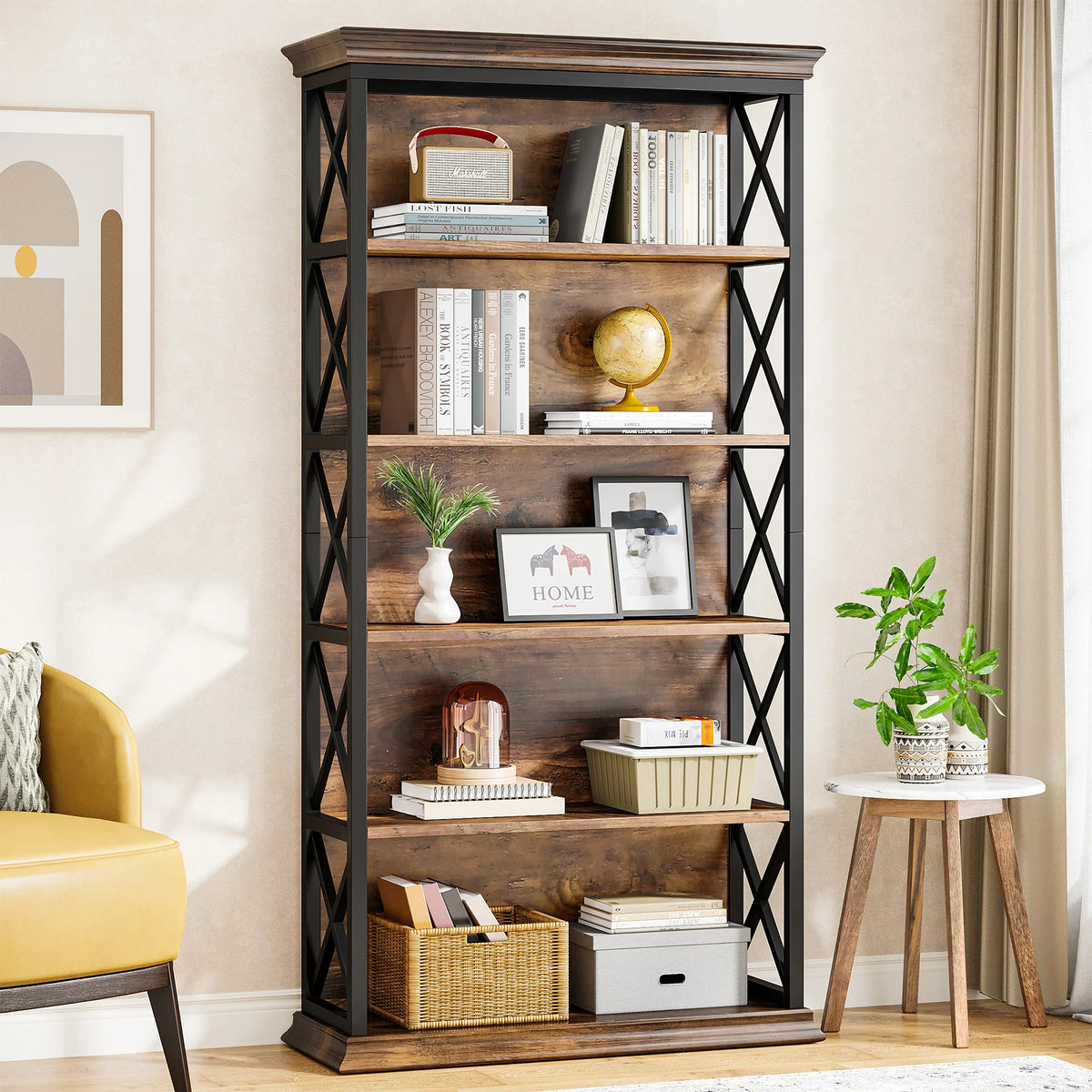 Industrial Bookshelf - 70.87in Tall Metal X-Frame Bookcase (Brown 01)