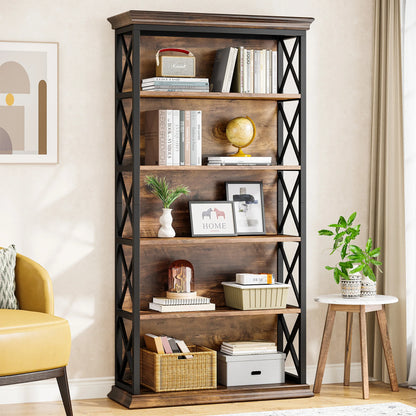 Industrial Bookshelf - 70.87in Tall Metal X-Frame Bookcase (Brown 01)