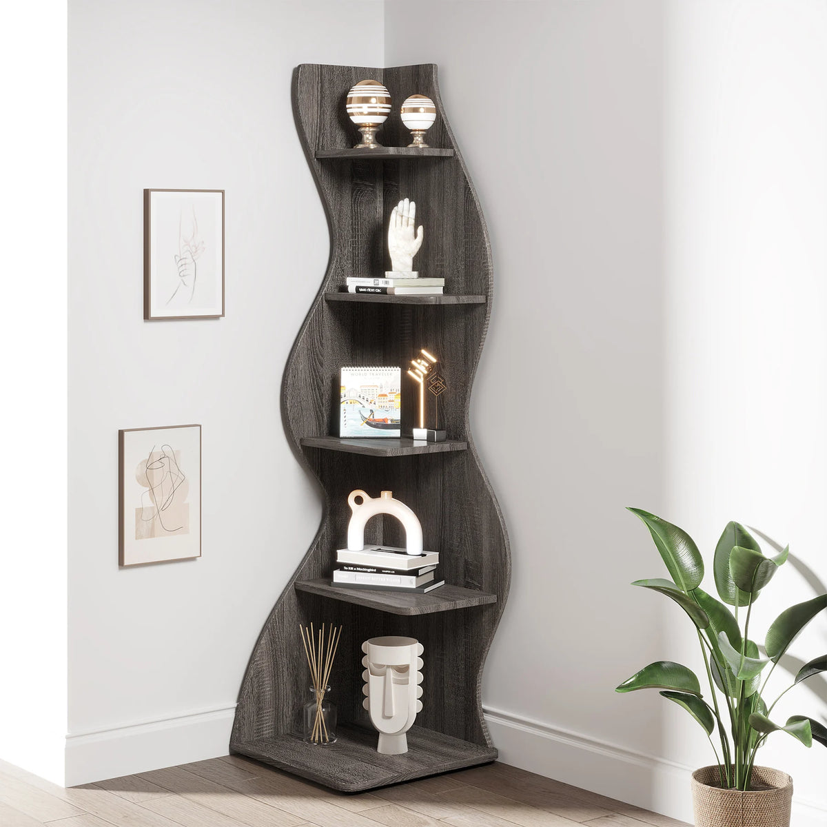 Corner Shelf - Tall 5-Tier Corner Bookshelf (Grey)