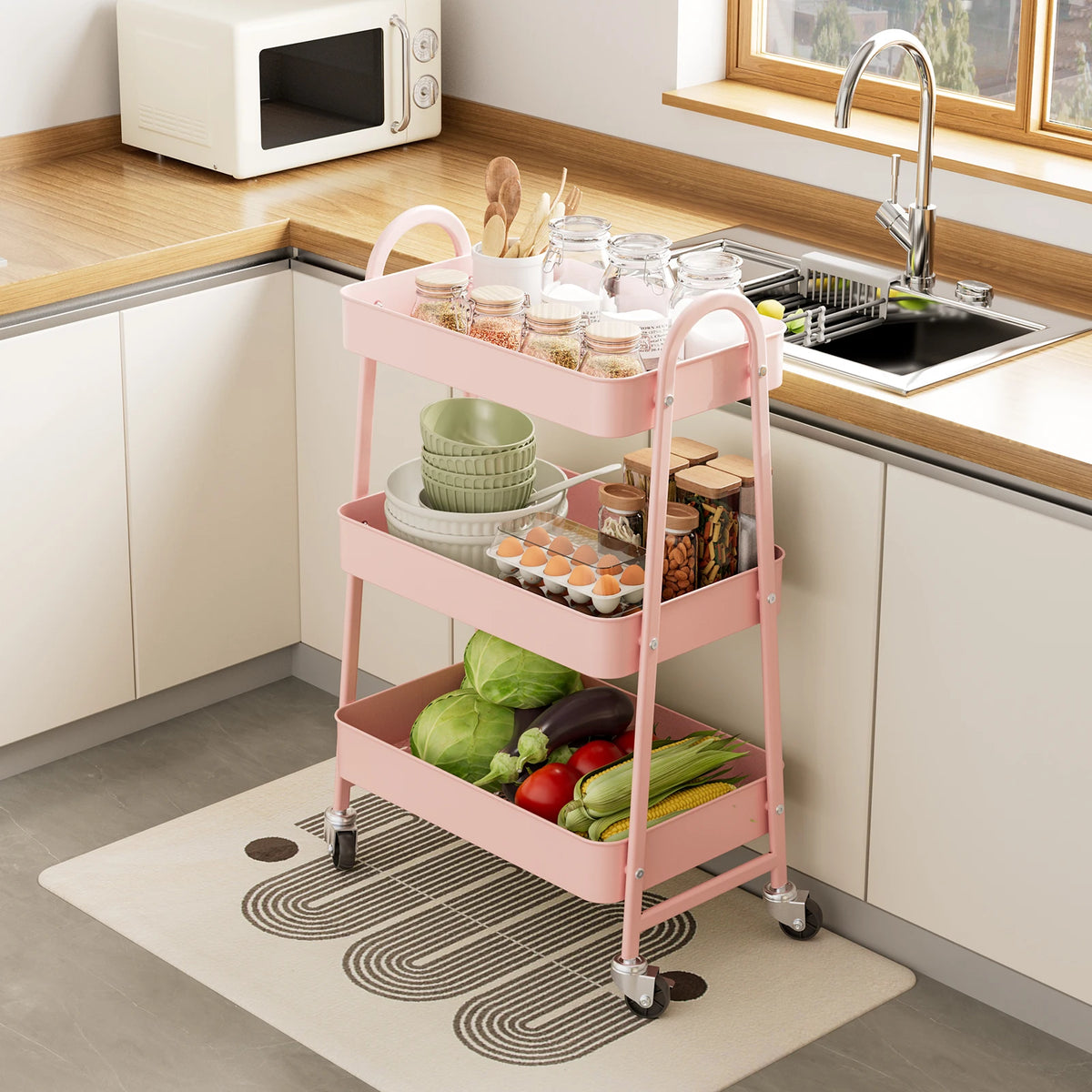 3 Tier Rolling Cart - Pink Kitchen Storage Cart on Wheels