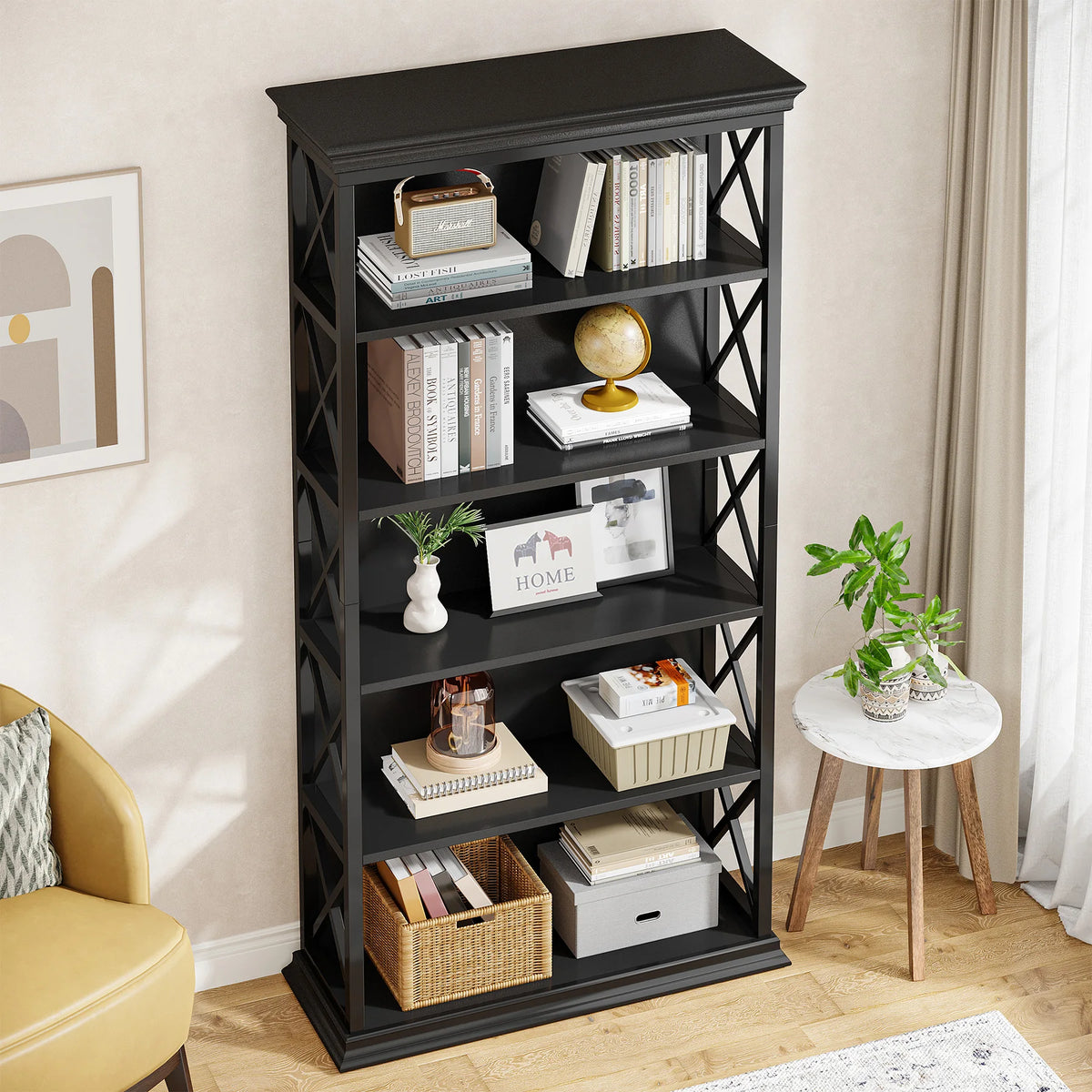 Industrial Bookshelf - 70.87in Tall Metal X-Frame Bookcase (Black 01)