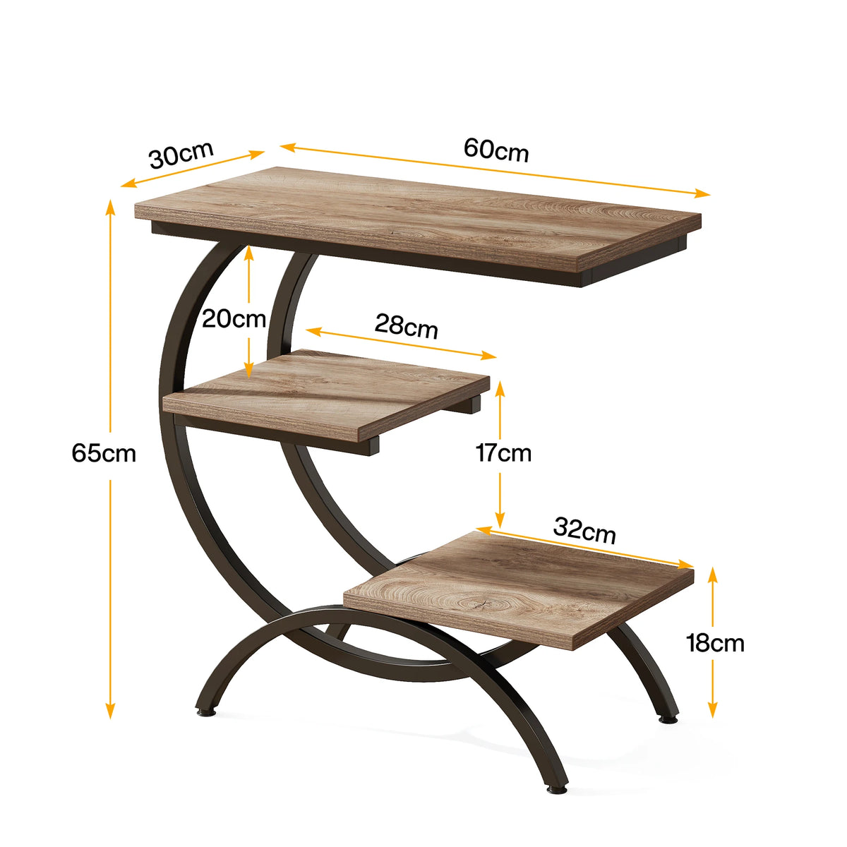 Side Table - C Shaped 3 Tier End Table (Light Brown)