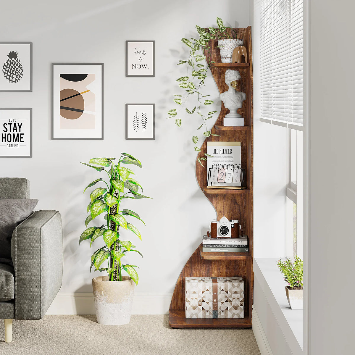 Corner Shelf - Tall 5-Tier Wood Corner Bookcase (Rustic Brown)