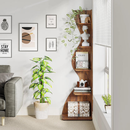 Corner Shelf - Tall 5-Tier Wood Corner Bookcase (Rustic Brown)
