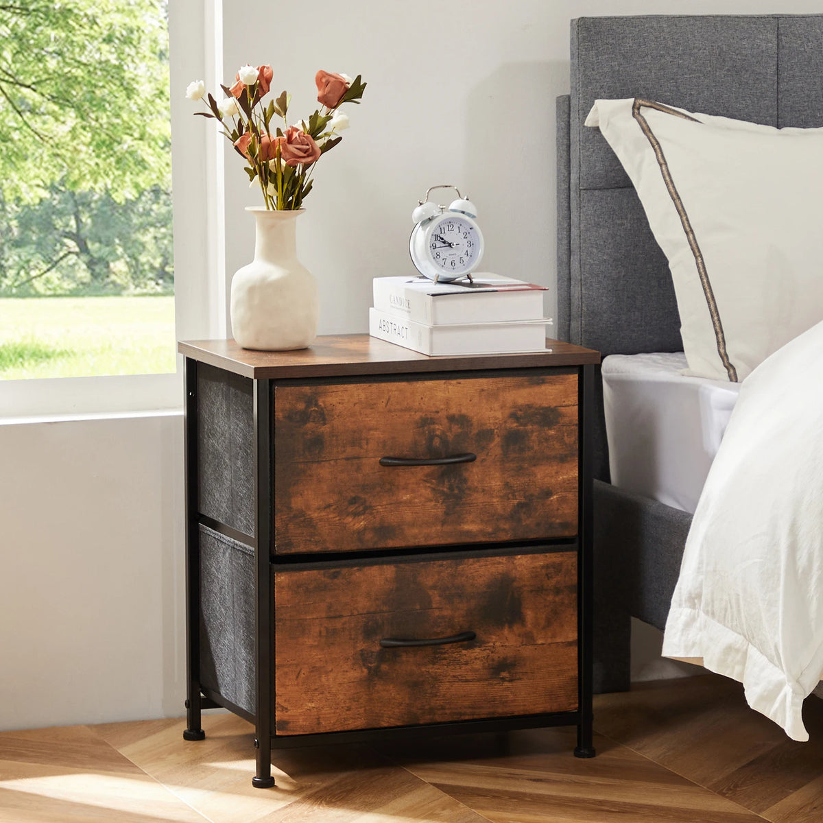 Narrow Nightstand - 2 Drawer Bedside Table with Fabric Drawers (Brown)