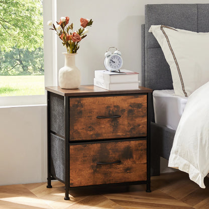 Narrow Nightstand - 2 Drawer Bedside Table with Fabric Drawers (Brown)