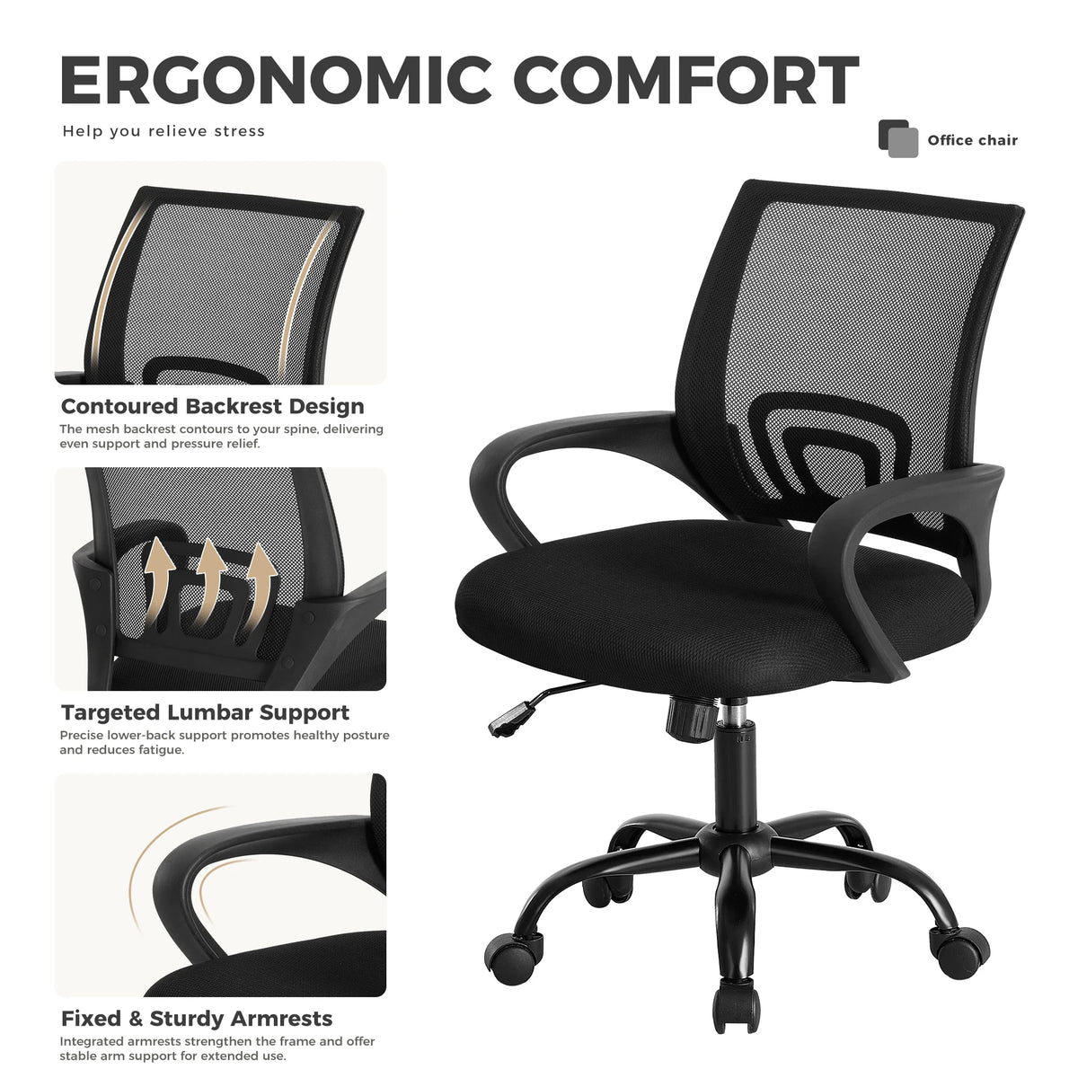 Ergonomic Desk Chair with Lumbar Support (Black)