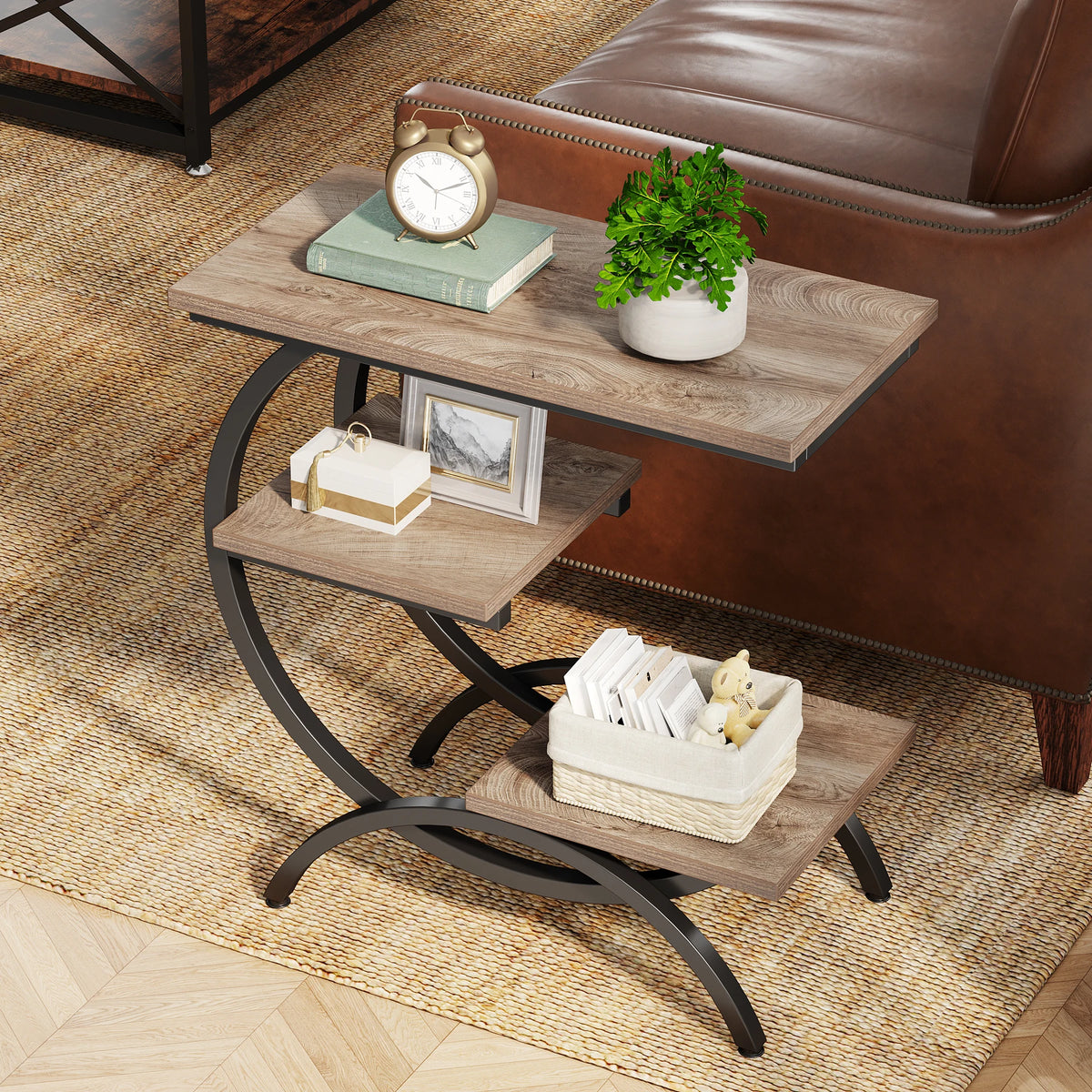 Side Table - C Shaped 3 Tier End Table (Light Brown)