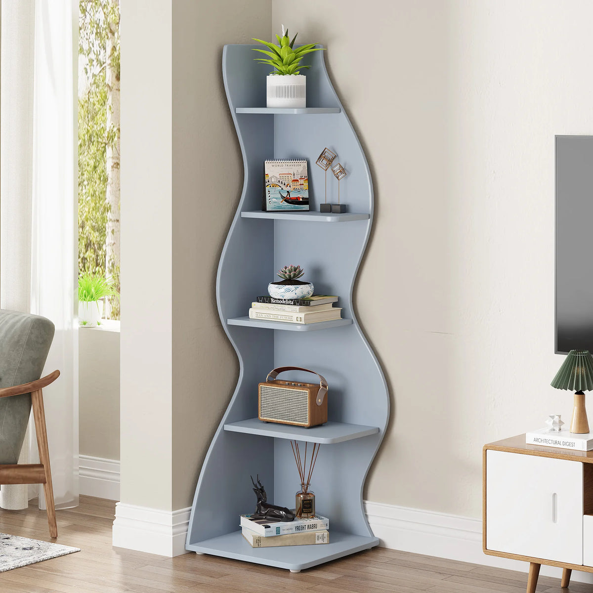 Corner Shelf - Tall 5-Tier Kids Corner Bookshelf (Blue)
