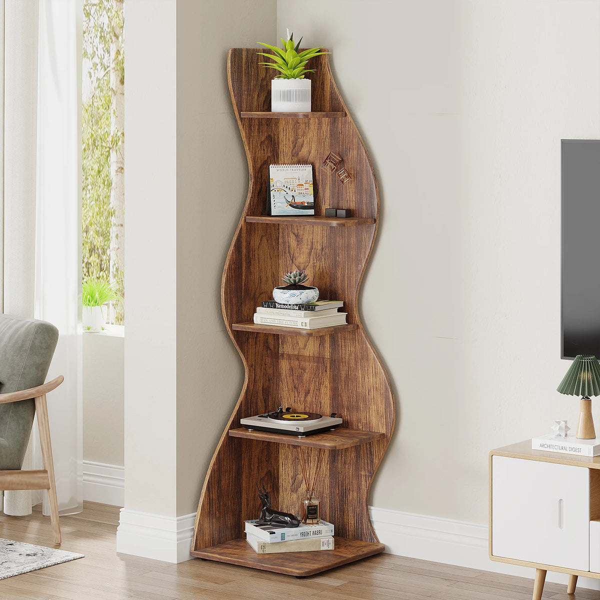 Corner Shelf - Tall 5-Tier Wood Corner Bookcase (Rustic Brown)