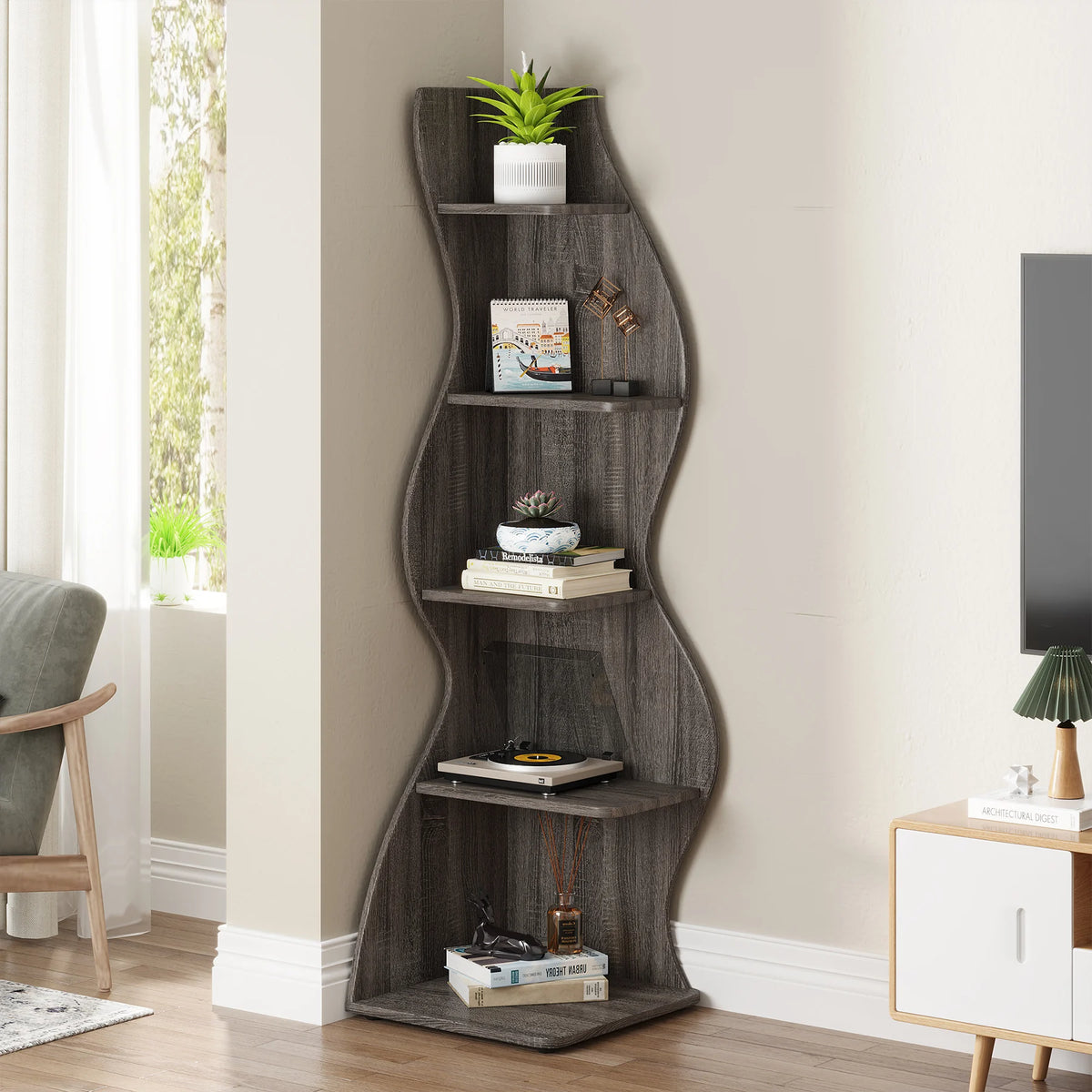 Corner Shelf - Tall 5-Tier Corner Bookshelf (Grey)