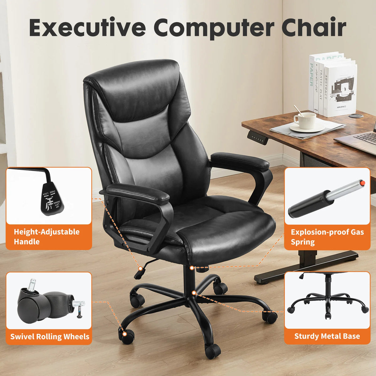 Executive Office Chair - High Back PU Leather Desk Chair (Black)