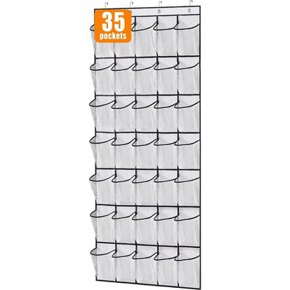 Over-door shoe organizer with 35 transparent mesh pockets