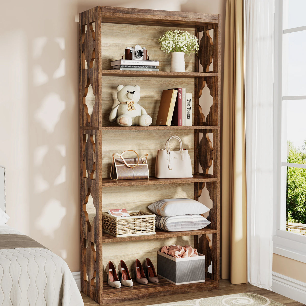 Industrial Bookshelf - 70.87in Tall Metal X-Frame Bookcase (Brown 03)
