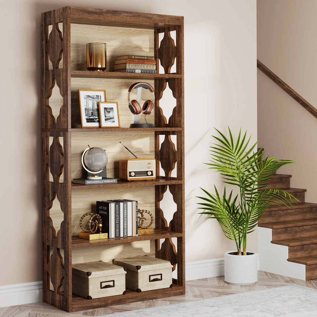 Industrial Bookshelf - 70.87in Tall Metal X-Frame Bookcase (Brown 03)