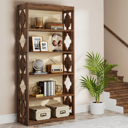 Industrial Bookshelf - 70.87in Tall Metal X-Frame Bookcase (Brown 03)