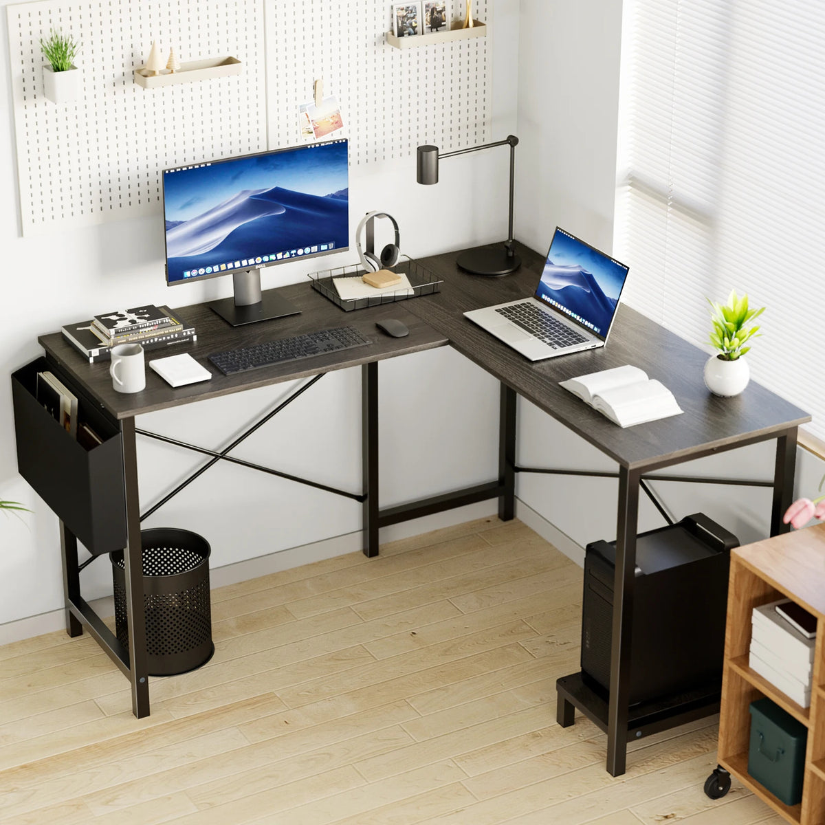 L Shaped Gaming Desk - Corner Computer Desk with CPU Shelf (Black)