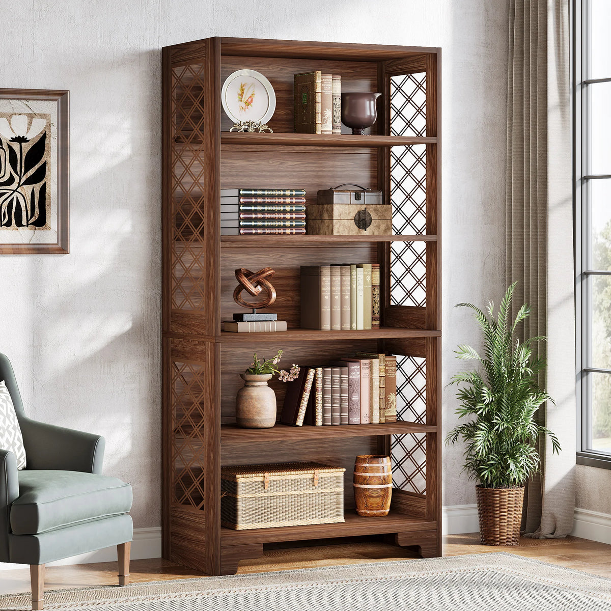 Industrial Bookshelf - 70.87in Tall Metal X-Frame Bookcase (Brown 02)