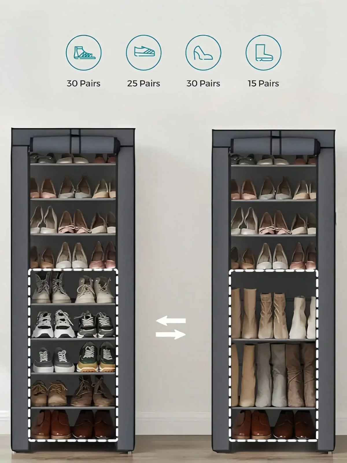 Tall Shoe Rack - 6, 8 or 10 Tier Fabric Shoe Storage