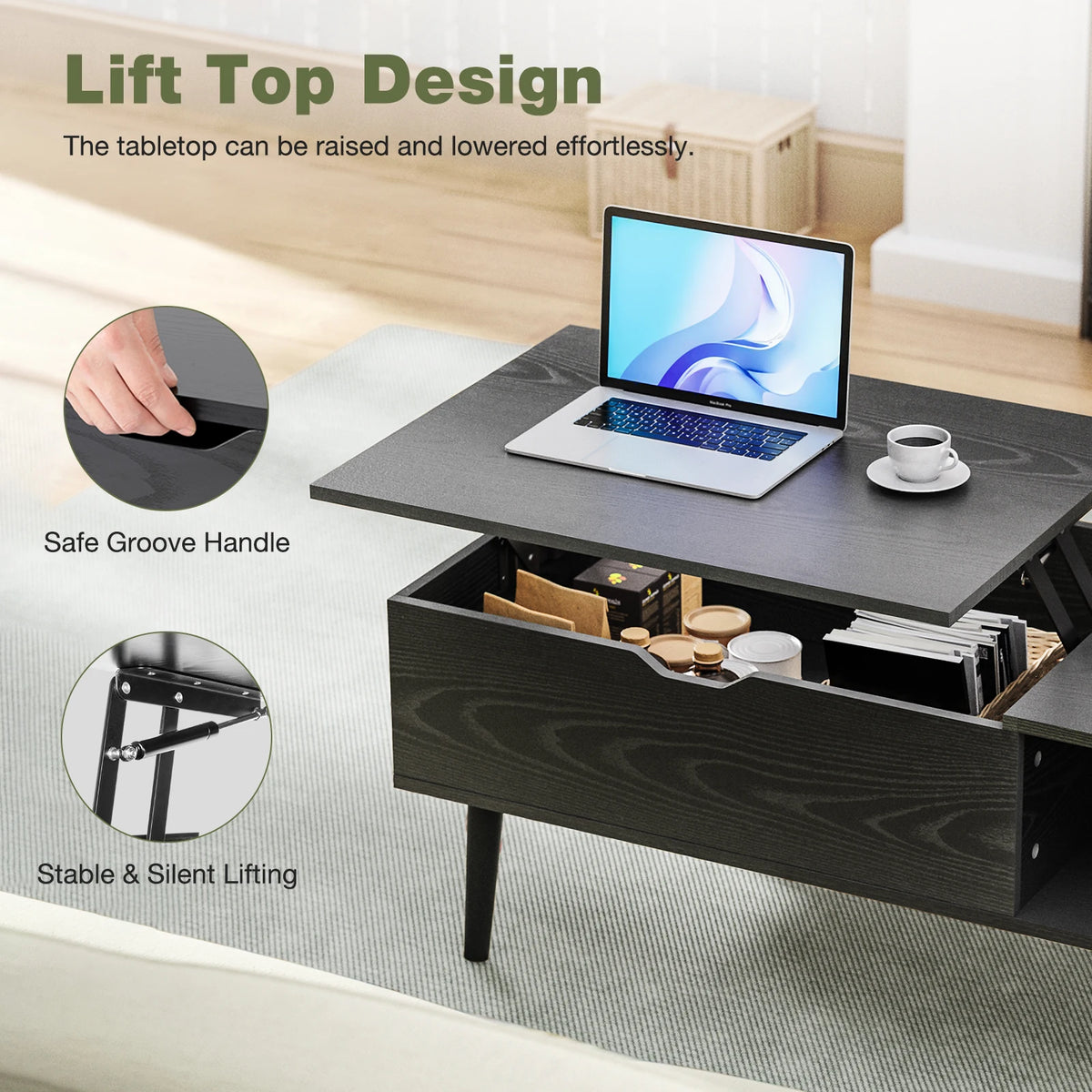 Low Profile Lift Top Coffee Table - Wood Top (Black)