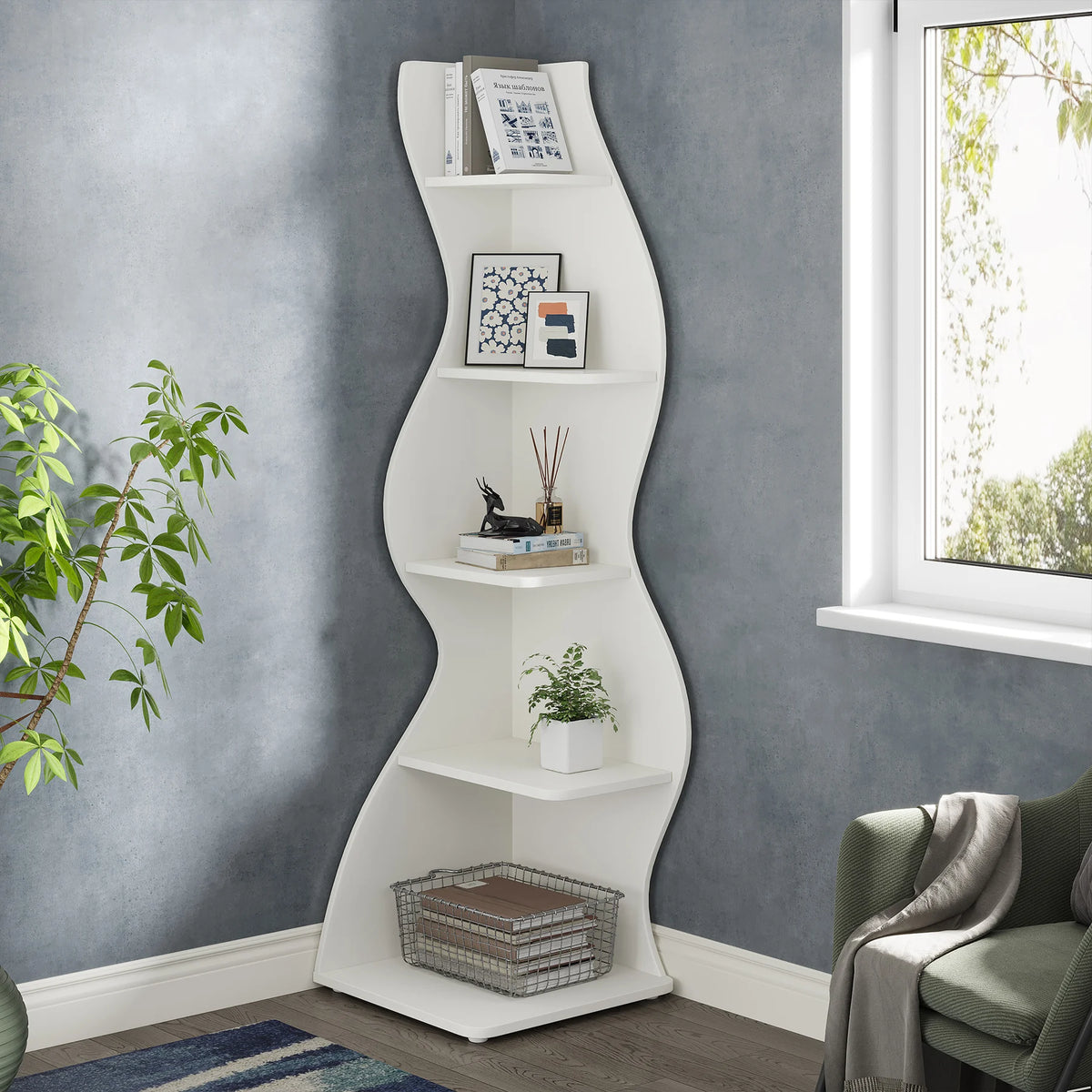 Corner Shelf - Tall 5-Tier White Corner Bookshelf