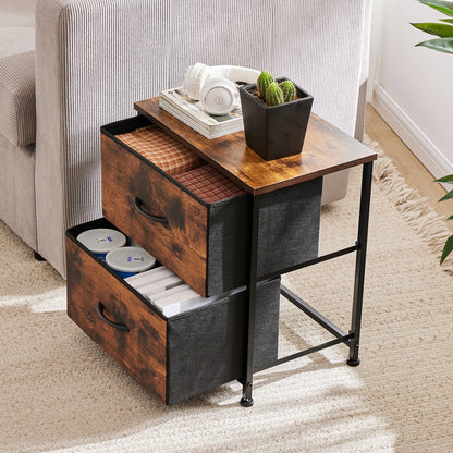 Narrow Nightstand - 2 Drawer Bedside Table with Fabric Drawers (Brown)