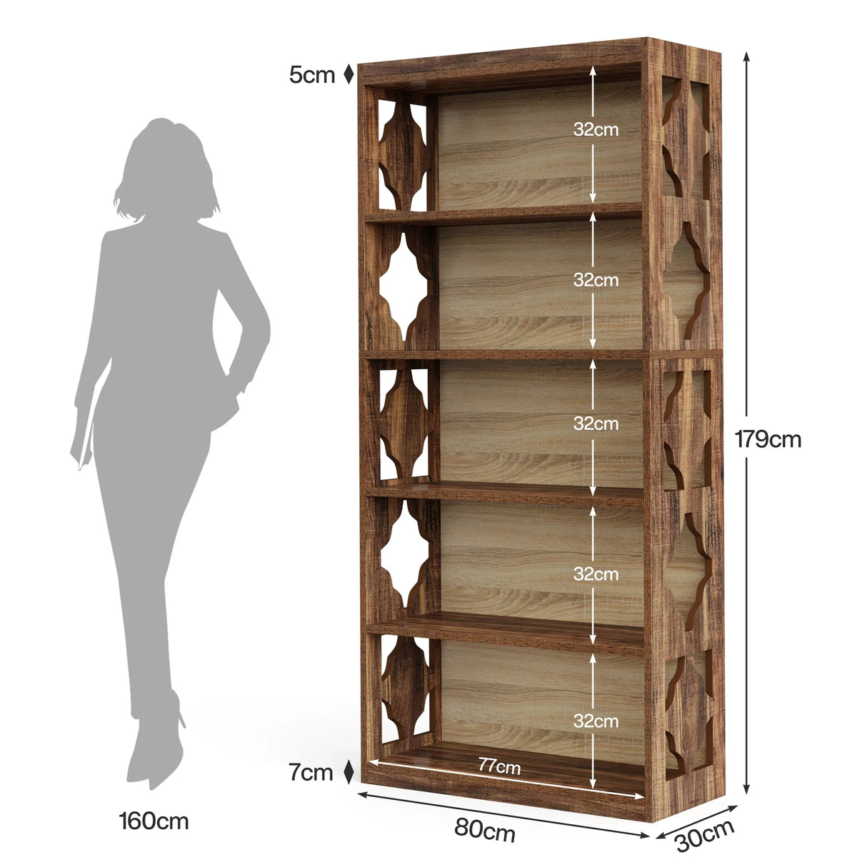 Labelled size diagram for the 71 inch X-frame industrial bookshelf